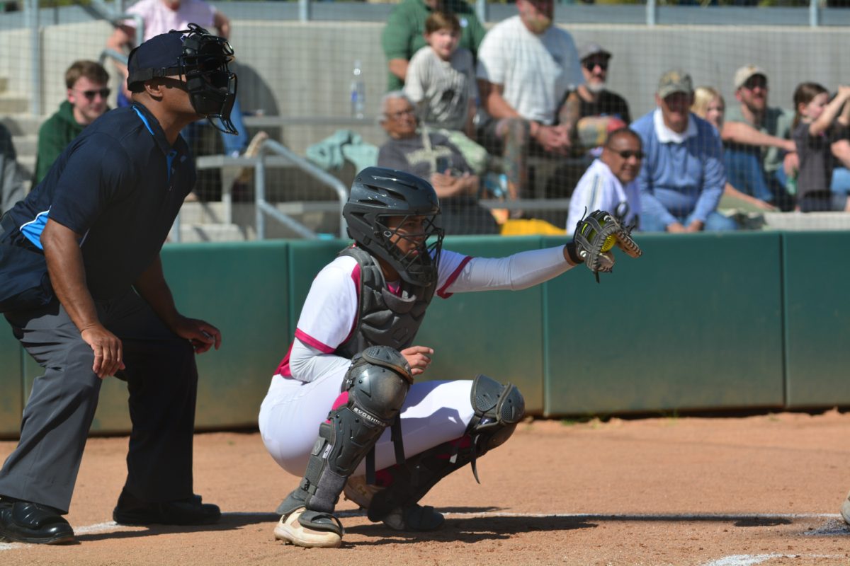 Carolina Buffaloe after she caught the ball April 26. Carolina was the pitcher during Colorado States second game against the Fresno State bulldogs. 
