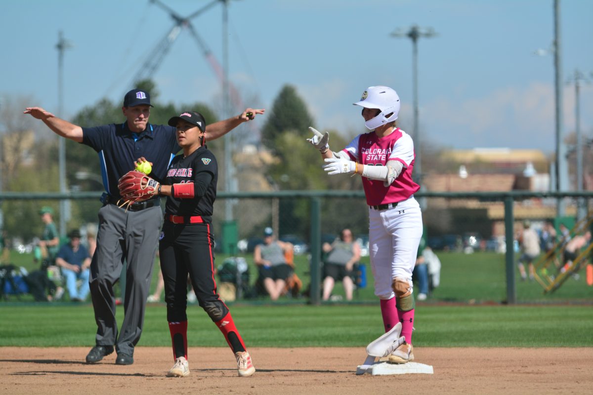 Carolina Buffaloe on second base as the ref calls her safe April 26. Carolina and her teammates played against Fresno State in a double header and defeated Fresno in the first game but lost the second. 
