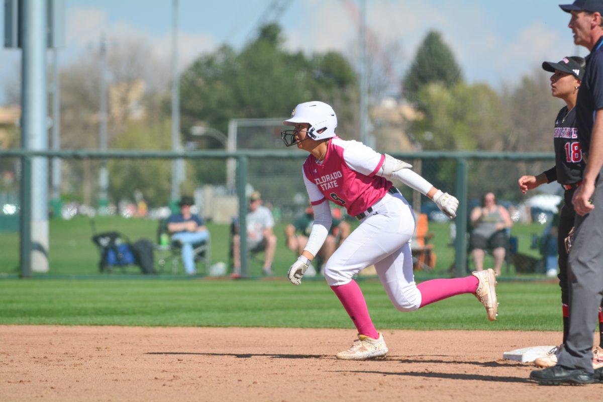 Carolina Buffaloe running to third base April 26. Colorado State University lost their second game against Fresno State with a score of 8-3. 
