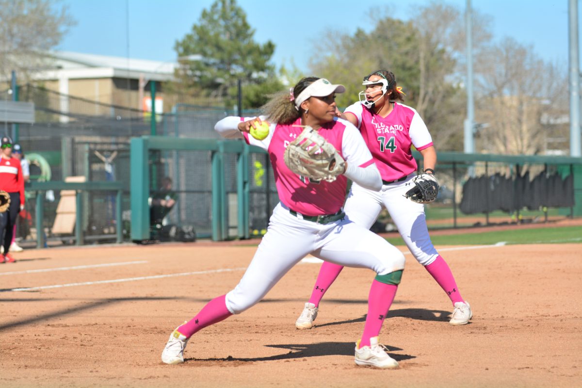 Jainey Wilson throwing the ball to first place to get a Fresno State player out April 26. Colorado State lost against Fresno State during the second game. 
