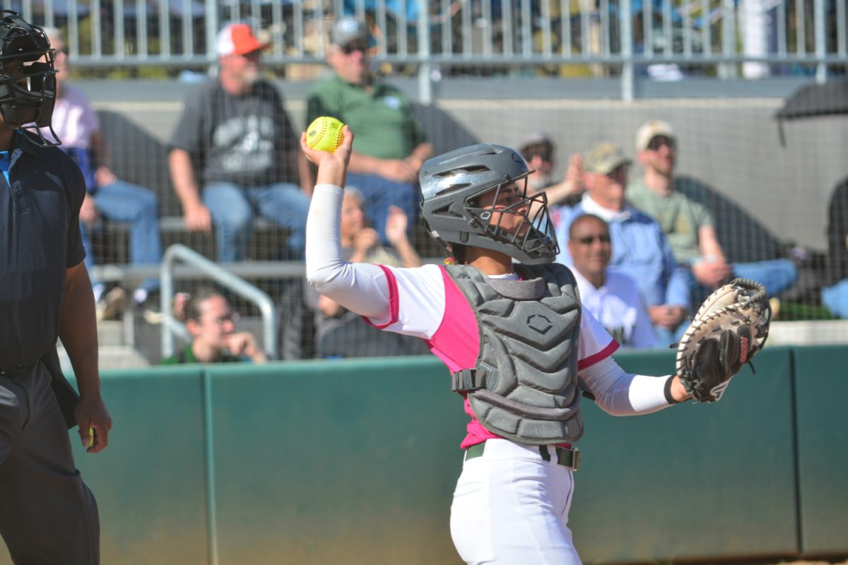 Carolina Buffaloe throwing the ball back to the pitcher after catching it April 26. Carolina was the catcher for the second game against Fresno State. 
