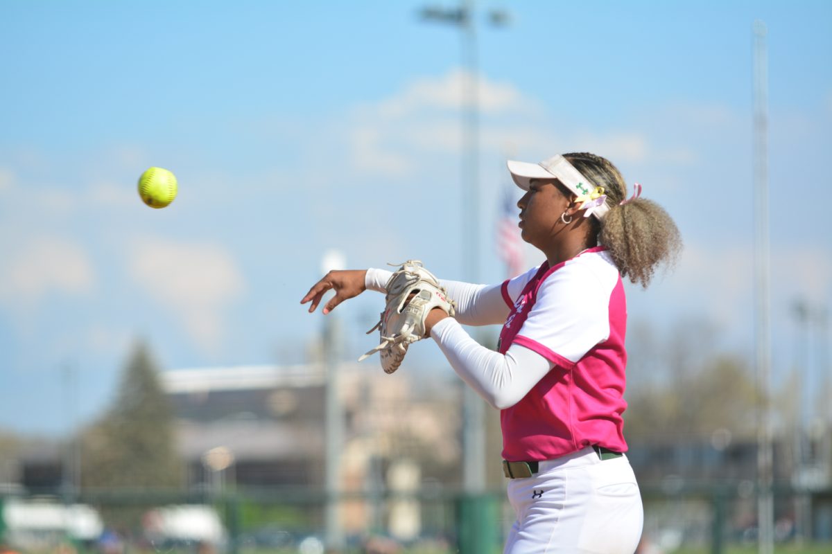 After a play against Fresno State Jainey Wilson throws the ball back to the pitcher April 26. The Fresno State Bulldogs defeated Colorado State with a score of 8-3. 
