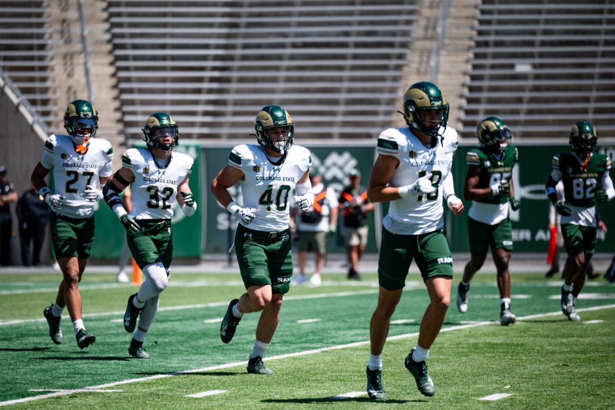 Colorado State University football players run off the field between plays at a spring scrimmage April 26.