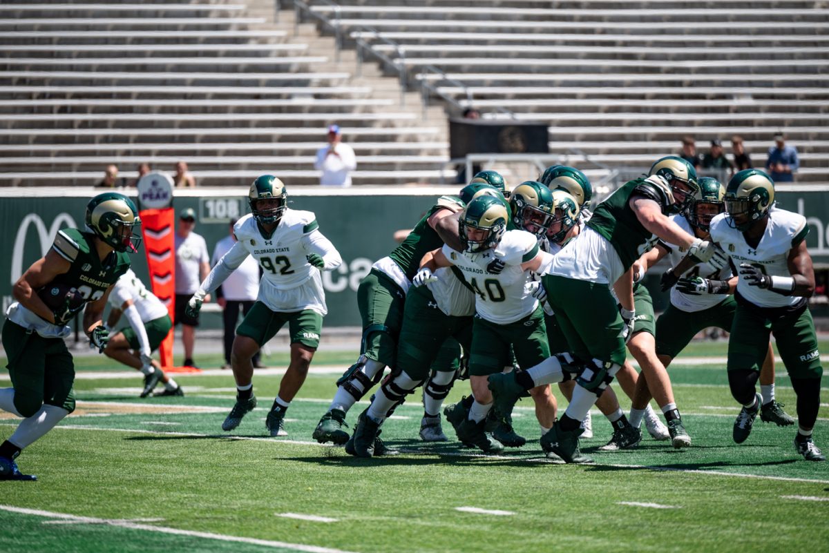 Colorado State University football players rush for the ball during a spring scrimmage play April 26.