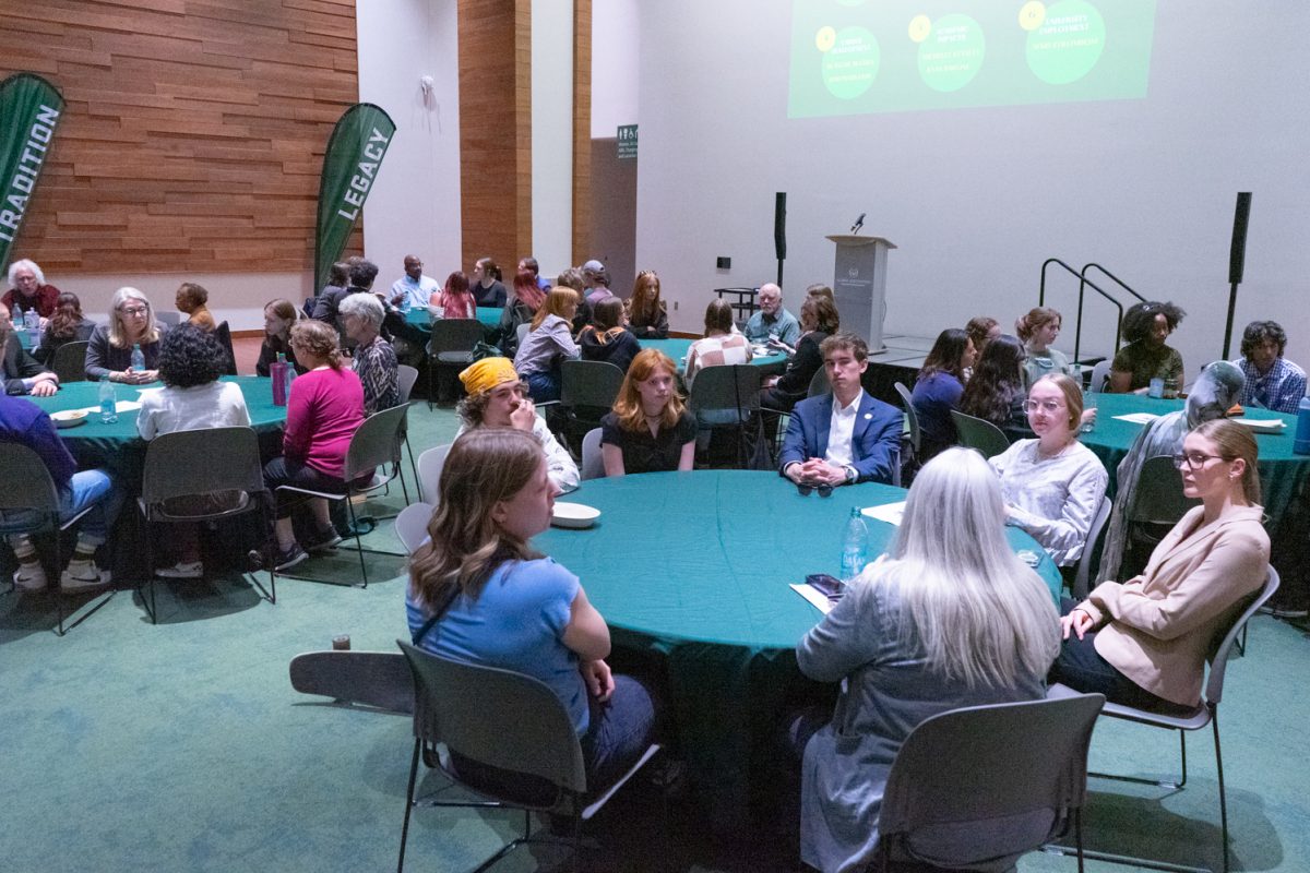 Students sit around large tables with members of Colorado State University administration to speak about federal policy shifts at the Associated Students of CSU Navigating Your Future Round Table, which was organized as an opportunity for students to connect with university administration about their pressing concerns in the Iris and Michael Smith Alumni Center April 29.