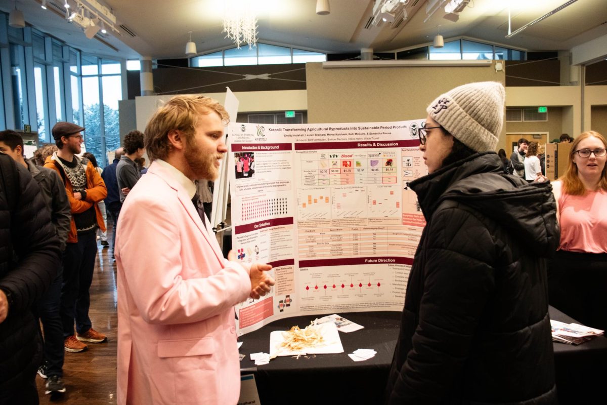 Monte Kalsbeek presents the Kasooli team's project of creating biodegradbale menstrual products for women at Colorado State University's College of Engineering's E-Days in the Lory Student Center in Fort Collins Colorado on April 18. Photo taken by Erica Pickering.