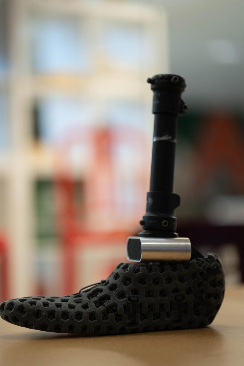 ‘The Goldilocks Foot’ developed by senior engineering design team consisting of Garrison Hayes, Thomas Leachman, Eric Gutierrez-Camacho, Lily Lindstrom, and Justin Rudrow. The lattice design was created using 3D-printing technology to decrease costs to consumers and increase customization.