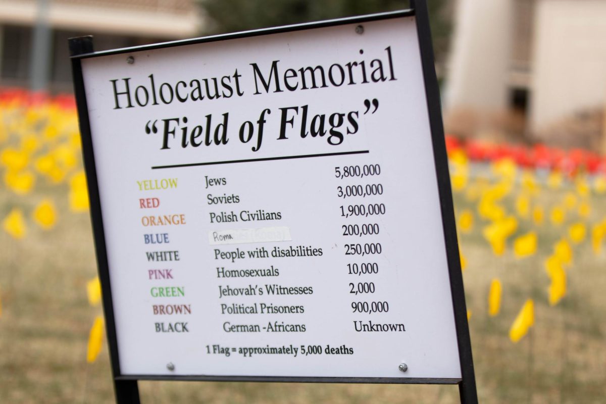 "Field of Flags" Holocaust memorial sign regarding what the color of the flags stand for in the Lory Student Center Plaza at Colorado State University in Fort Collins Colorado to honor Holocaust casualties on April 4. Photo taken by Erica Pickering.