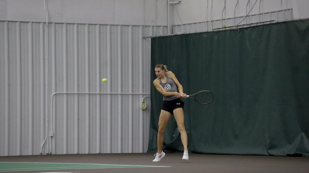 Viktoryia Zhadzinskaya returns the ball to her opponent during her single vs Wyoming on April 13th. CSU lost 4-1