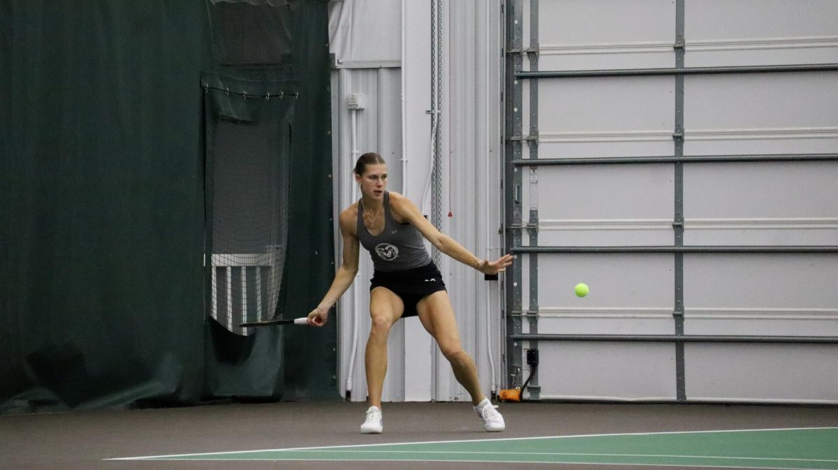 Viktoryia Zhadzinskaya hits the ball bakc during her singles match up vs Wyoming April 13th. CSU lost 4-1