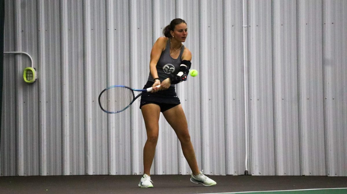 Mariya Dobreva hits the ball back to Wyoming during her single match April 13th. CSU lost 4-1.