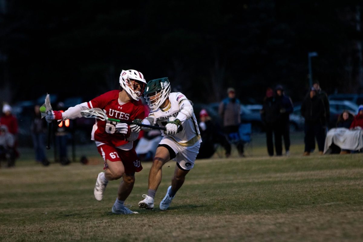 Colorado State University defends the goal in game against University of Utah in Fort Collins Colorado at Colorado State University on April 4. Colorado State University wins 9-4. Photo taken by Erica Pickering.
