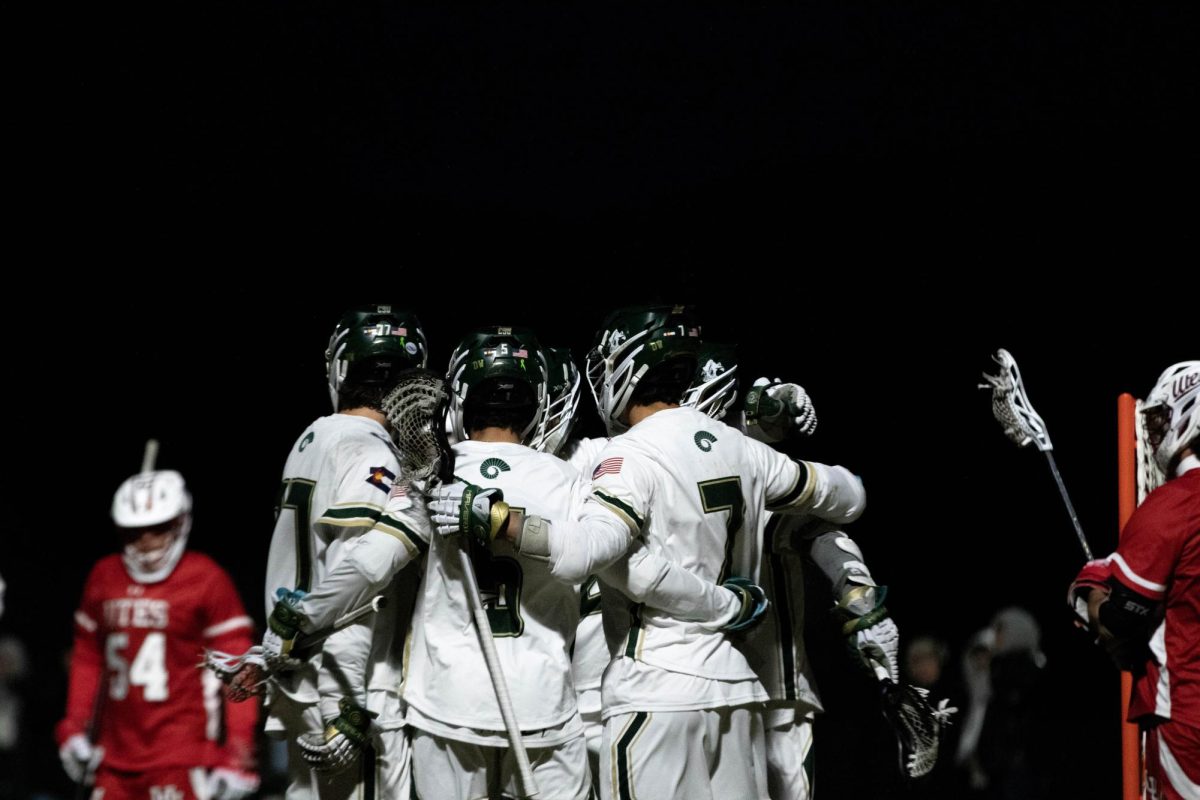 Colorado State University lacrosse huddles up to prepare for the next play in their game against the University of Utah in Fort Collins April 4. CSU won 15-9.