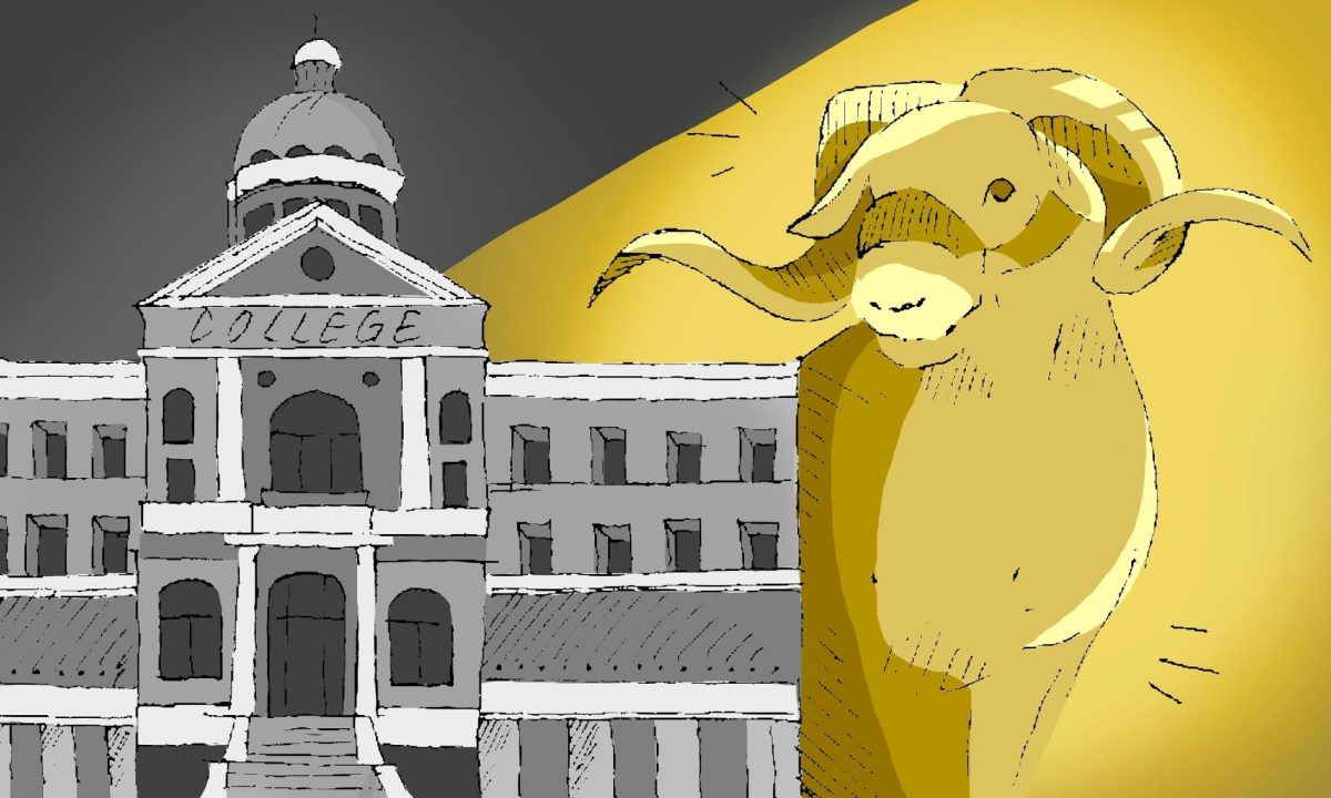 Graphic of a large, golden ram standing next to a gray building.