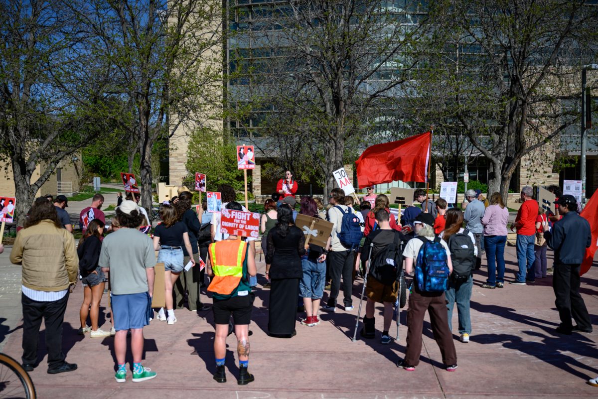 The "March for Workers Rights" collects protestors in the Lory Student Center plaza May 2. Some of the groups present included the Colorado State University chapter of the Young Democratic Socialists of America and the Poudre Education Association.