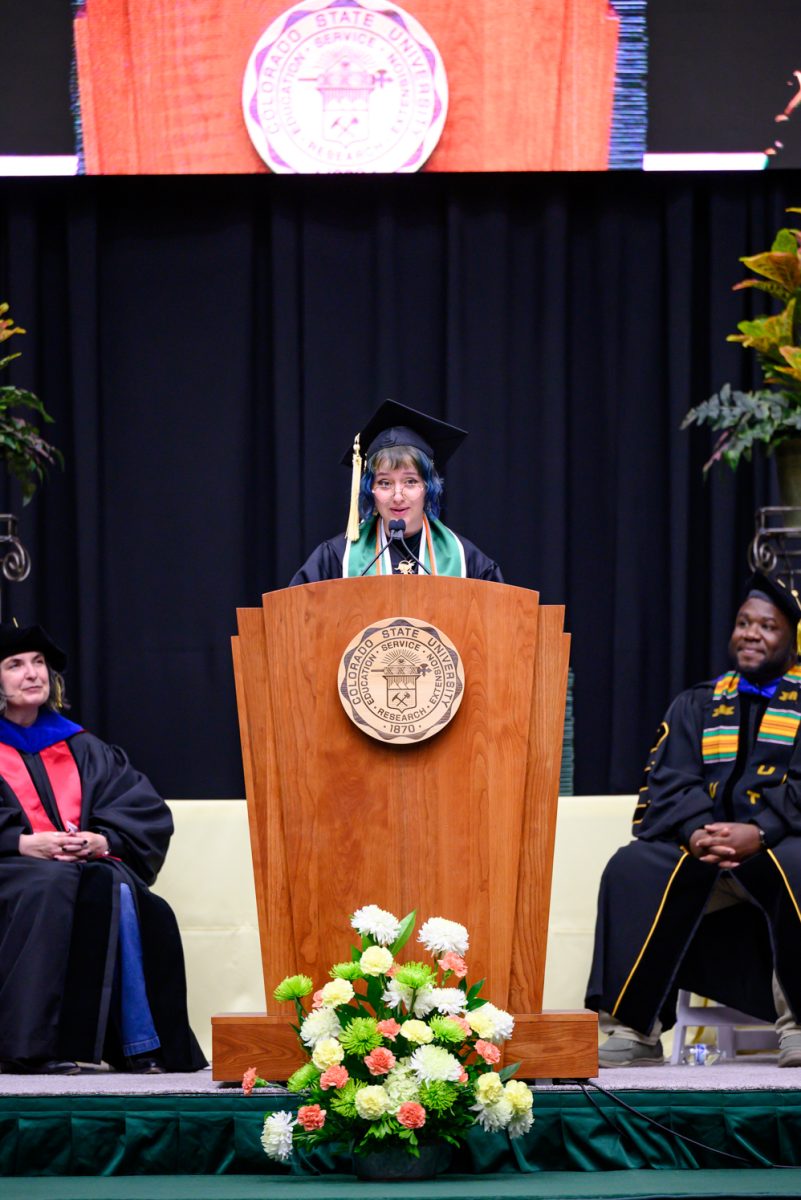 Graduation student speaker Josie Weese addresses the graduates of Agricultural Biology, Horticulture and Landscape Architecture and Soil and Crop Sciences during their recognition ceremony in Moby Arena May 18.