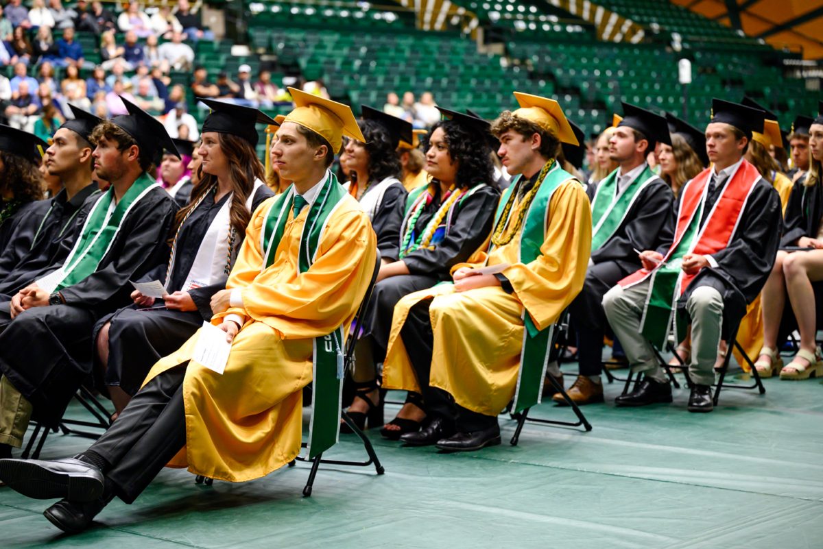 Graduating students of Agricultural Biology, Horticulture and Landscape Architecture and Soil and Crop Sciences listen toi student speaker Lucas Lenoch during their recognition ceremony May 18.