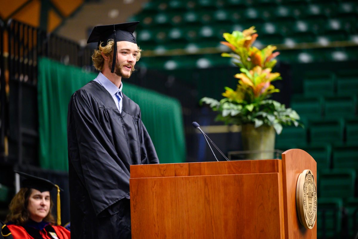 Student speaker Lucas Lenoch  addresses the graduates of Agricultural Biology, Horticulture and Landscape Architecture and Soil and Crop Sciences during their recognition ceremony in Moby Arena May 18.