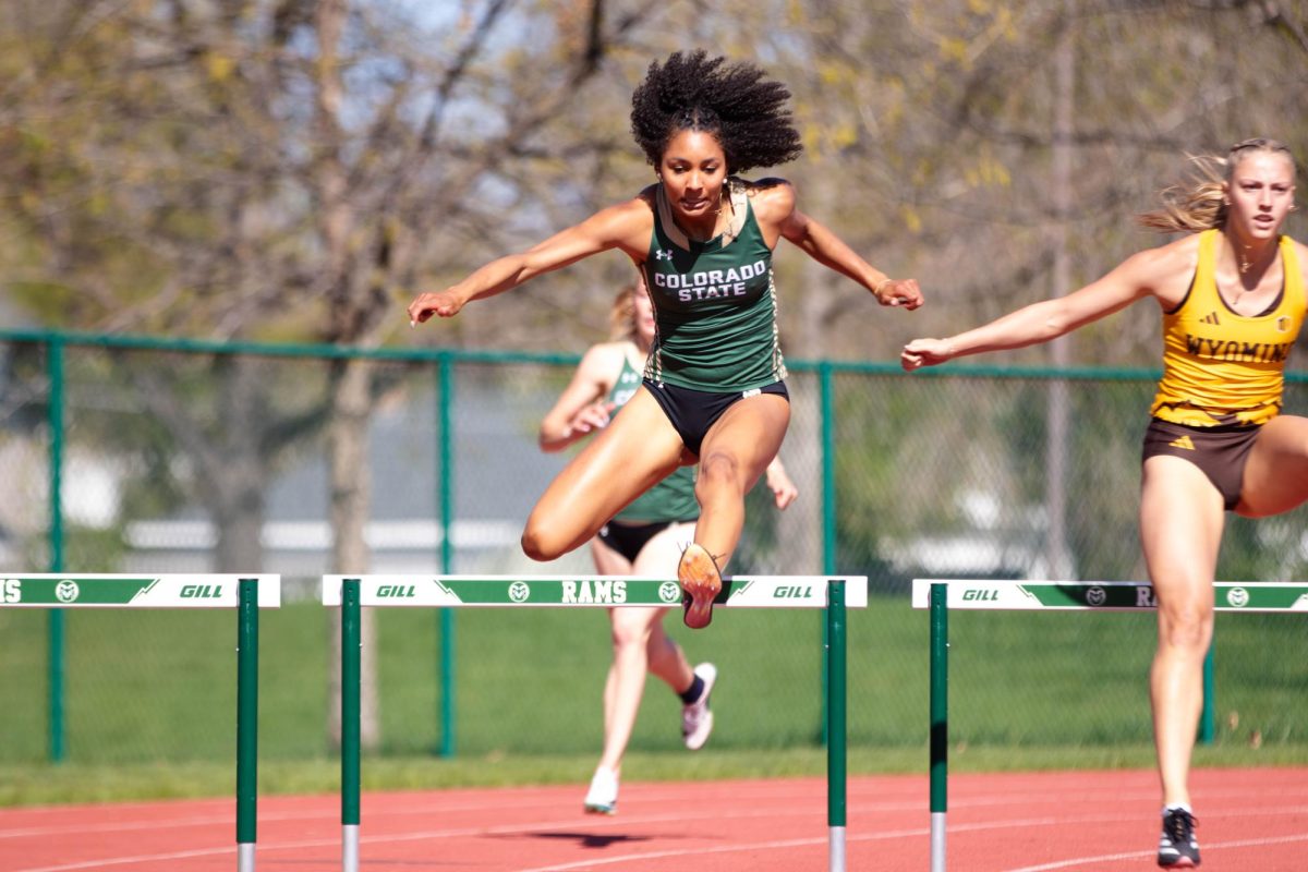 Neya Jamison hurdling during the women's 400 meter hurdles event at the Doug Max Invitational track meet at Colorado State University in Fort Collins Colorado on May 3. Photo taken by Erica Pickering.