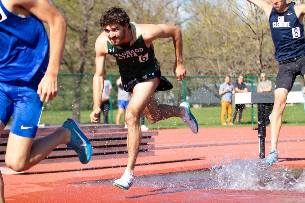 Ben Kibro runs in the men's 3000 meter steeple chase event during the Doug Max Invitational track meet at Colorado State University in Fort Collins Colorado on May 3. Photo taken by Erica Pickering.