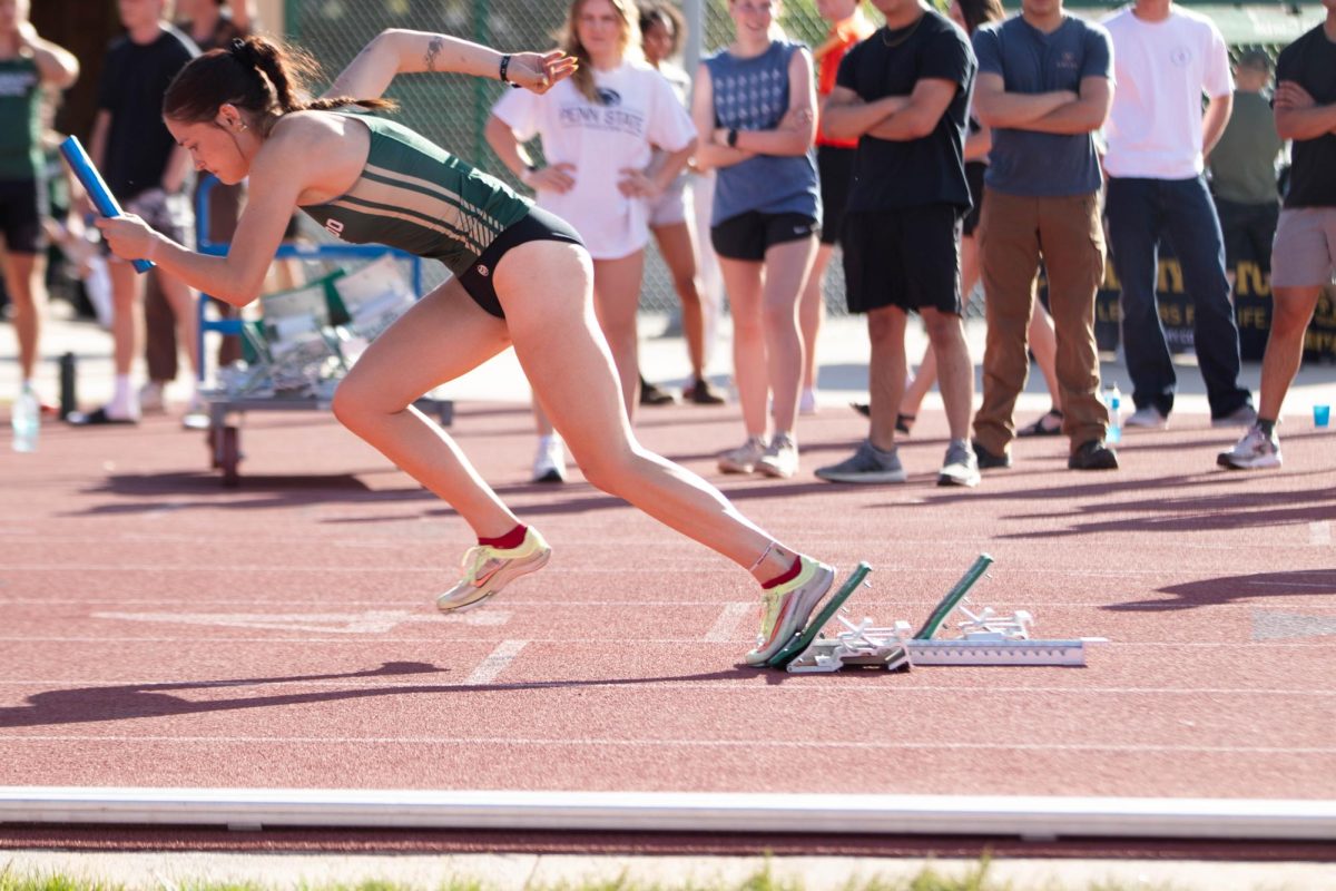 Colorado Stae University launches the start of the women's 4x400 meter relay during the Doug Max Invitational track meet at Colorado State University in Fort Collins Colorado on May 3. Photo taken by Erica Pickering.