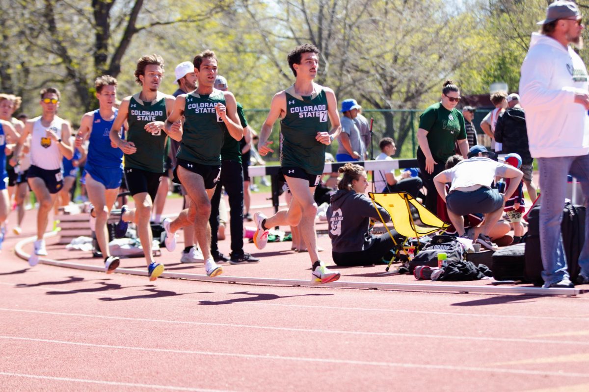 Colorado State University distance runners lead the way in the mens 5000 meter event at Colorado State University in Fort Collins Colorado on May 3. Photo taken by Erica Pickering.