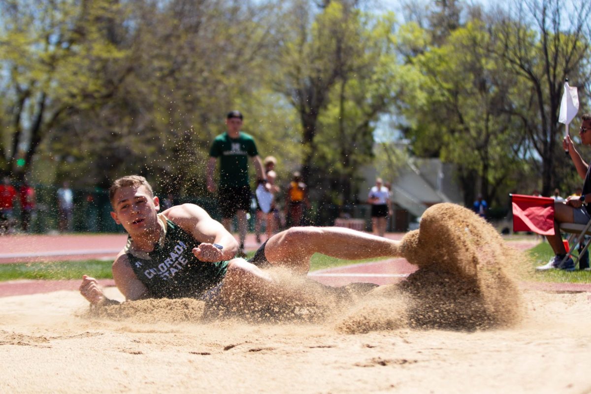 Cameron Collins competees in the long jump event during the Doug Max Invitational track meet at Colorado State University in Fort Collins Colorado on May 3. Photo taken by Erica Pickering.
