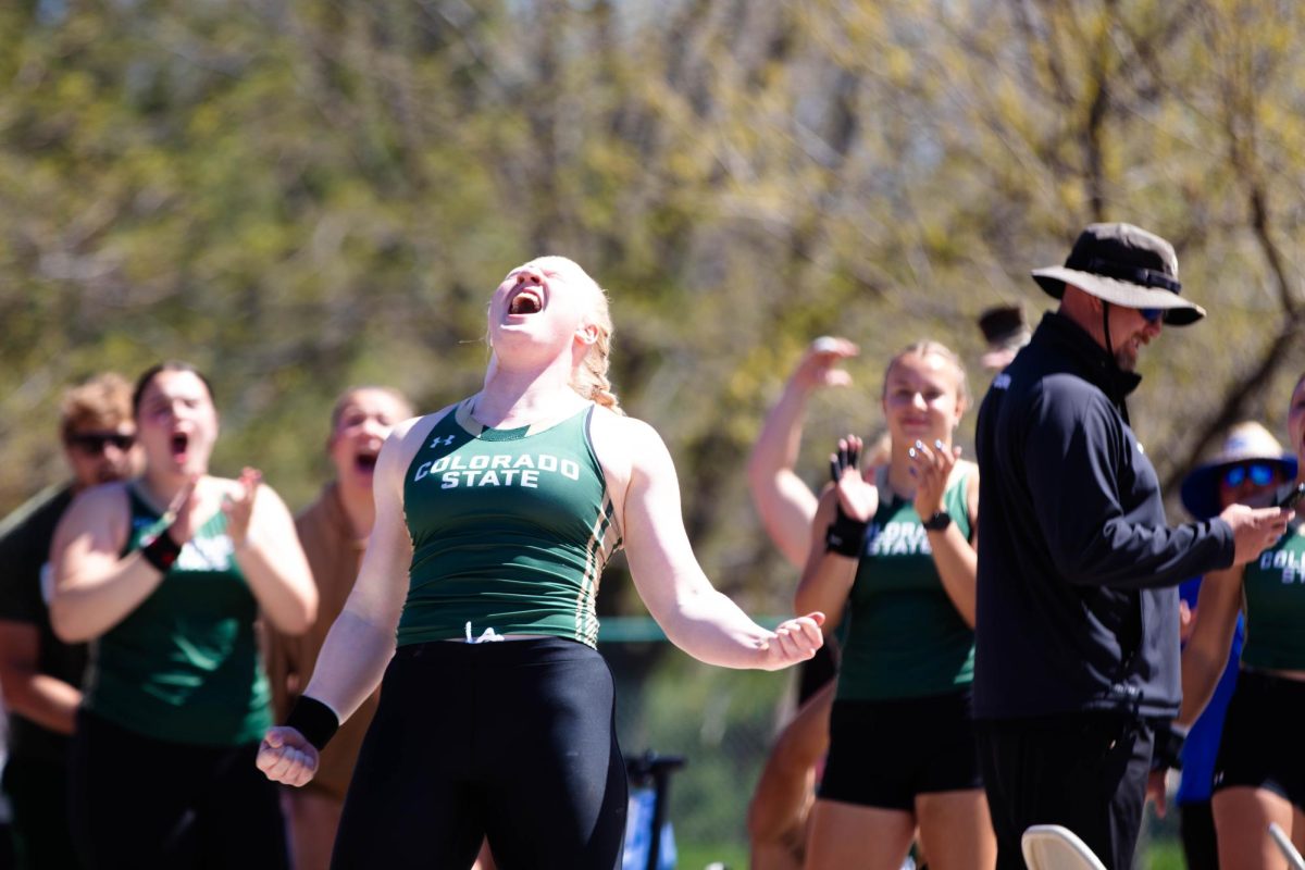 Mya Lesnar celebrates her throw in women's shot put at Colorado State University's Doug Max Invitational May 3. 