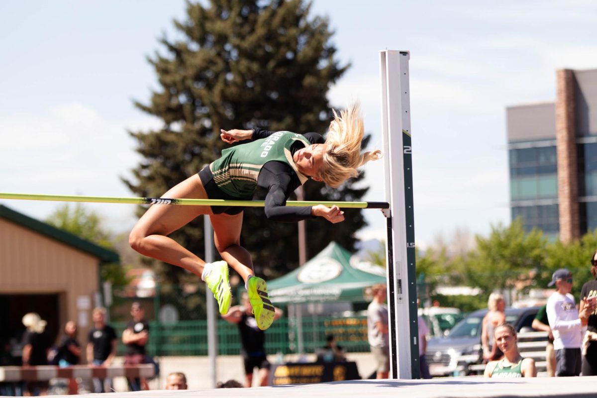 Lizzy Heumann jumps the high jump during the Doug Max Invitational track meet at Colorado State University in Fort Collins Colorado on May 3. Photo taken by Erica Pickering.