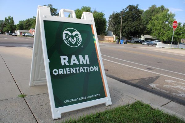 Signs around campus direct new Colorado State University students and their families to Ram Orientation where they attend informational sessions, meet their peers and prepare for the upcoming school year July 18.