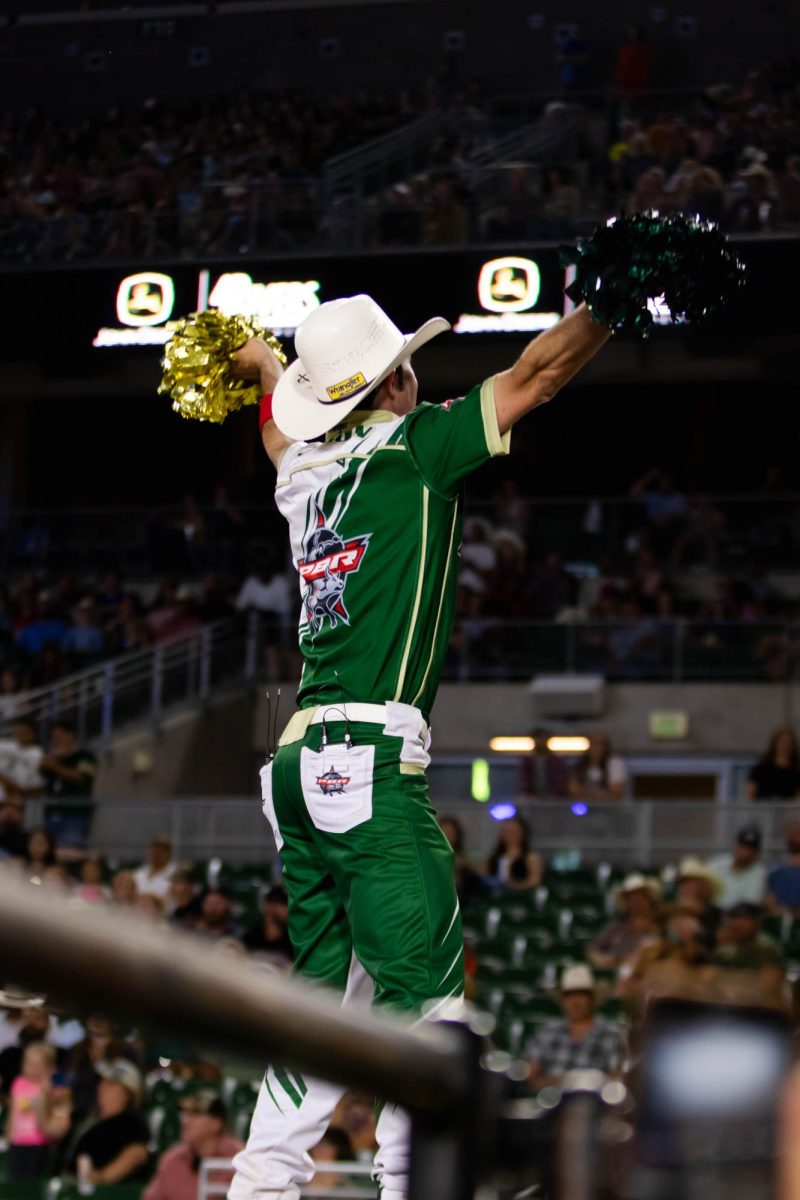 PBR entertainer Brinson James interacts with the crowd during PBR's Last Cowboy Standing event in Canvas Stadium at Colorado State University in Fort Collins Colorado, on July 21, 2025. Photo taken by Erica Pickering.