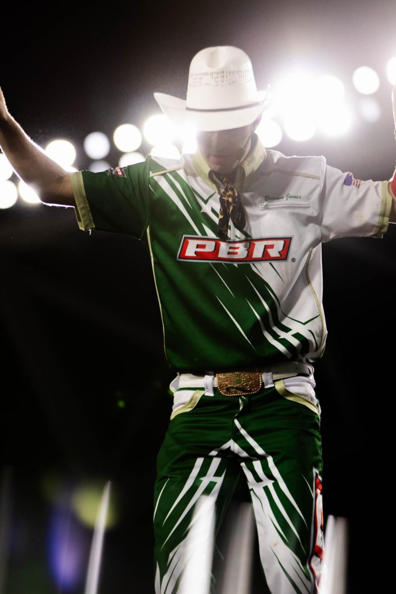 PBR entertainer Brinson James dances to the music blaring at PBR's Last Cowboy Standing in Canvas Stadium at Colorado State University in Fort Collins Colorado on July 22, 2025. Photo taken by Erica Pickering