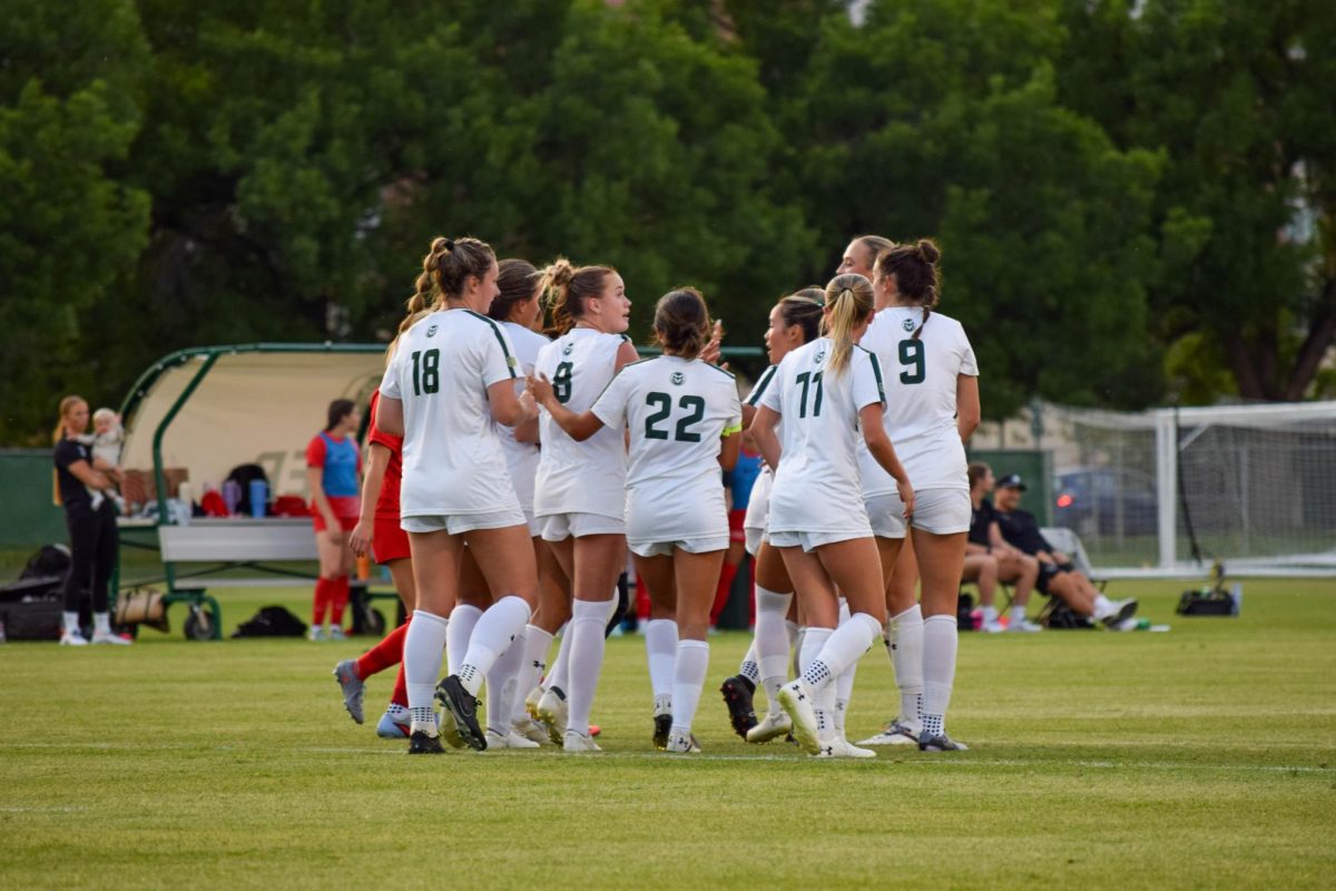 Colorado State players embrace each other after an early goal from freshman Kaja Dionne during their home opener against Utah Tech Aug. 14. CSU won 2-1. 