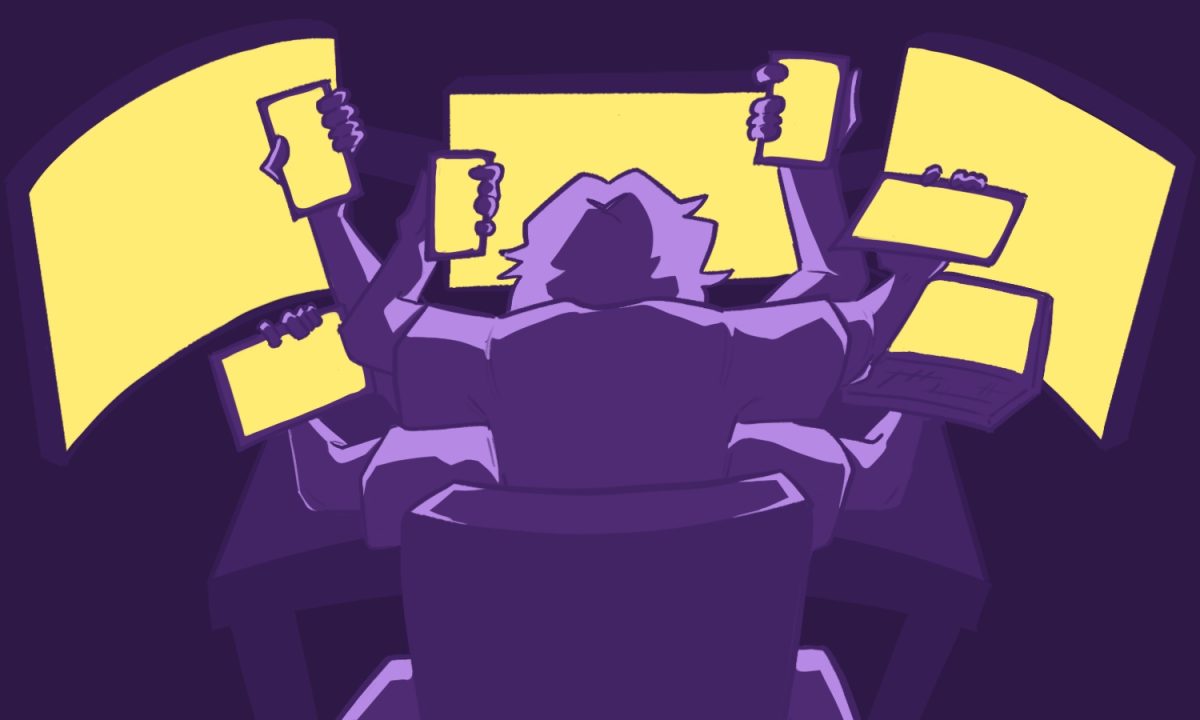 A person holding up multiple phones, tablets, and ipads with multiple arms, with three monitors surrounding them.