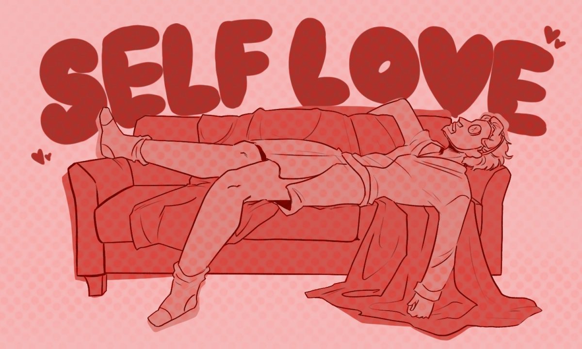 Graphic of a person lying on a couch with the words "Self Love" above them.