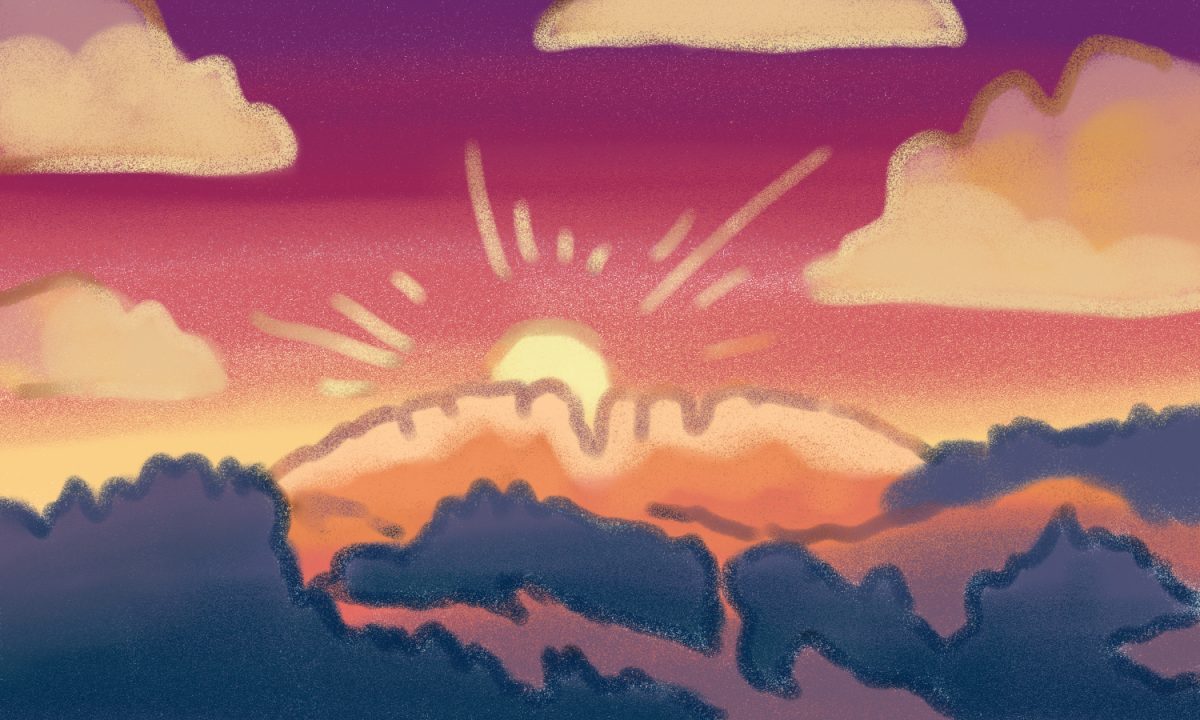 A textured illustration of a sunset over the mountains.