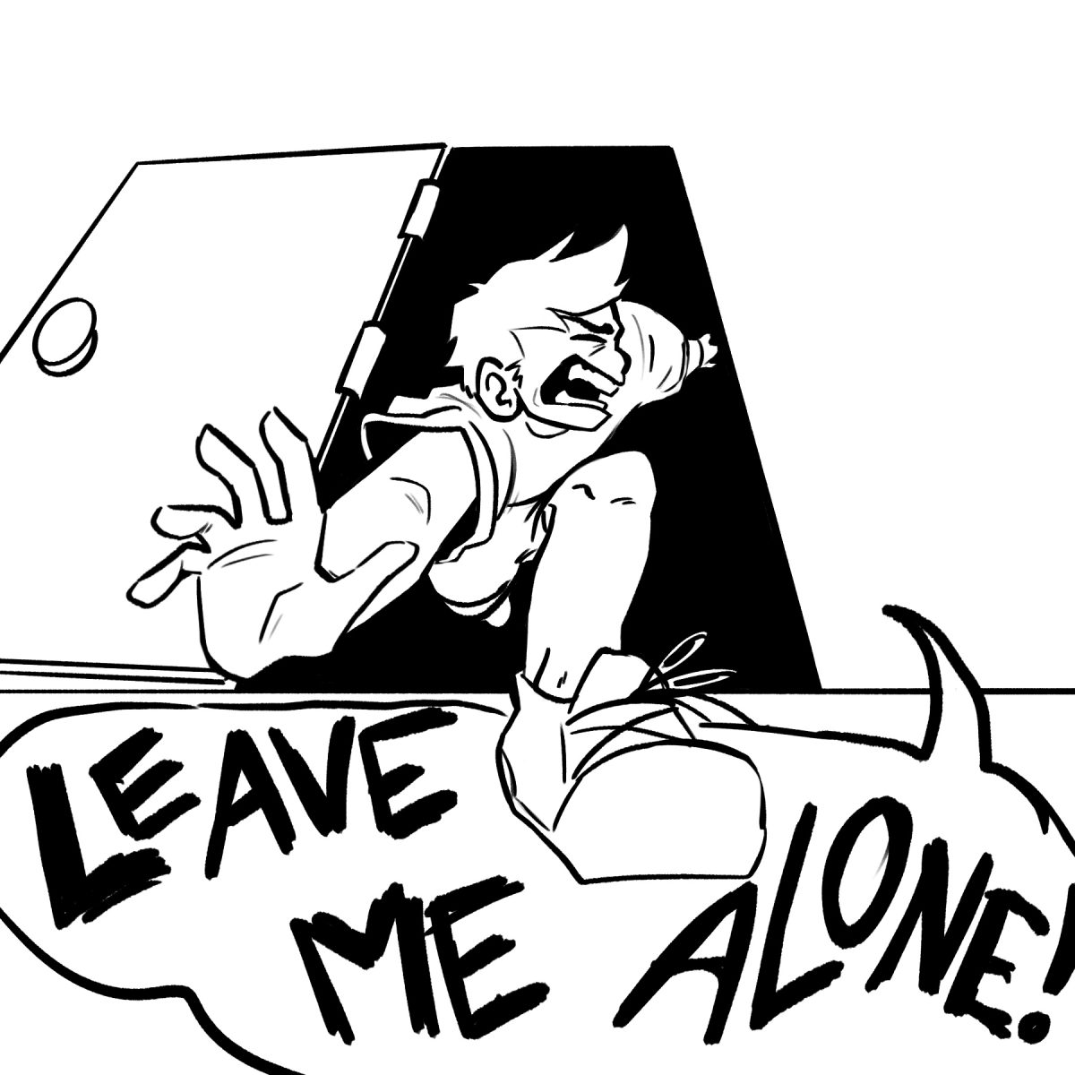 Pamphlet panel 1 - man running through a door screaming "LEAVE ME ALONE"