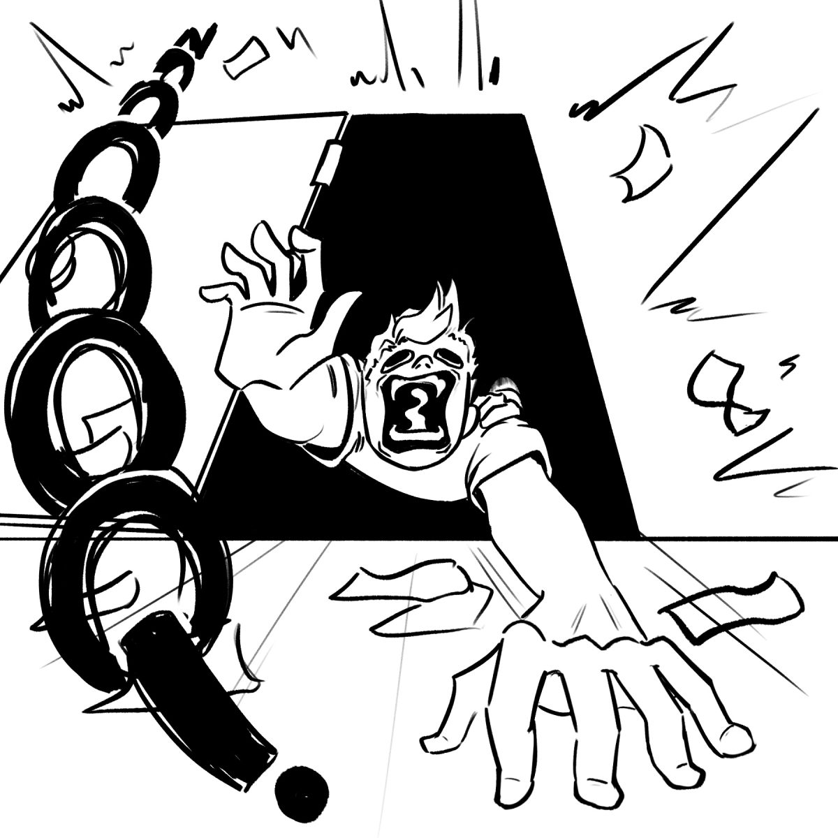Pamphlet panel 3 - man gets dragged back through door screaming "NOOOOOO!"