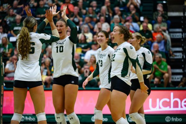 Two women's volleyball players in white and green uniforms smile and high five while three more players cheer and walk to them.
