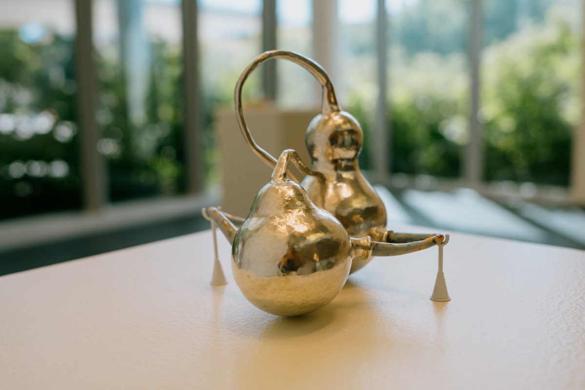 A pair of silver bulbs connected by small pipes.