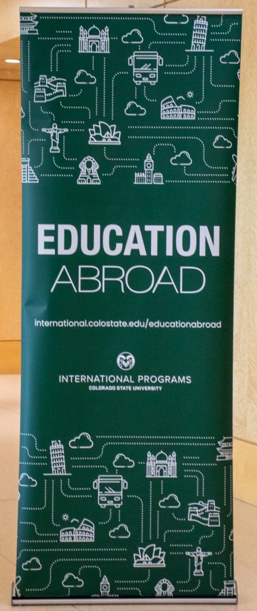 A sign reading ‘Education Abroad’ is displayed at the Lory Student Center ballroom during the Education Abroad fair at Colorado State University on Sept. 12, 2025.