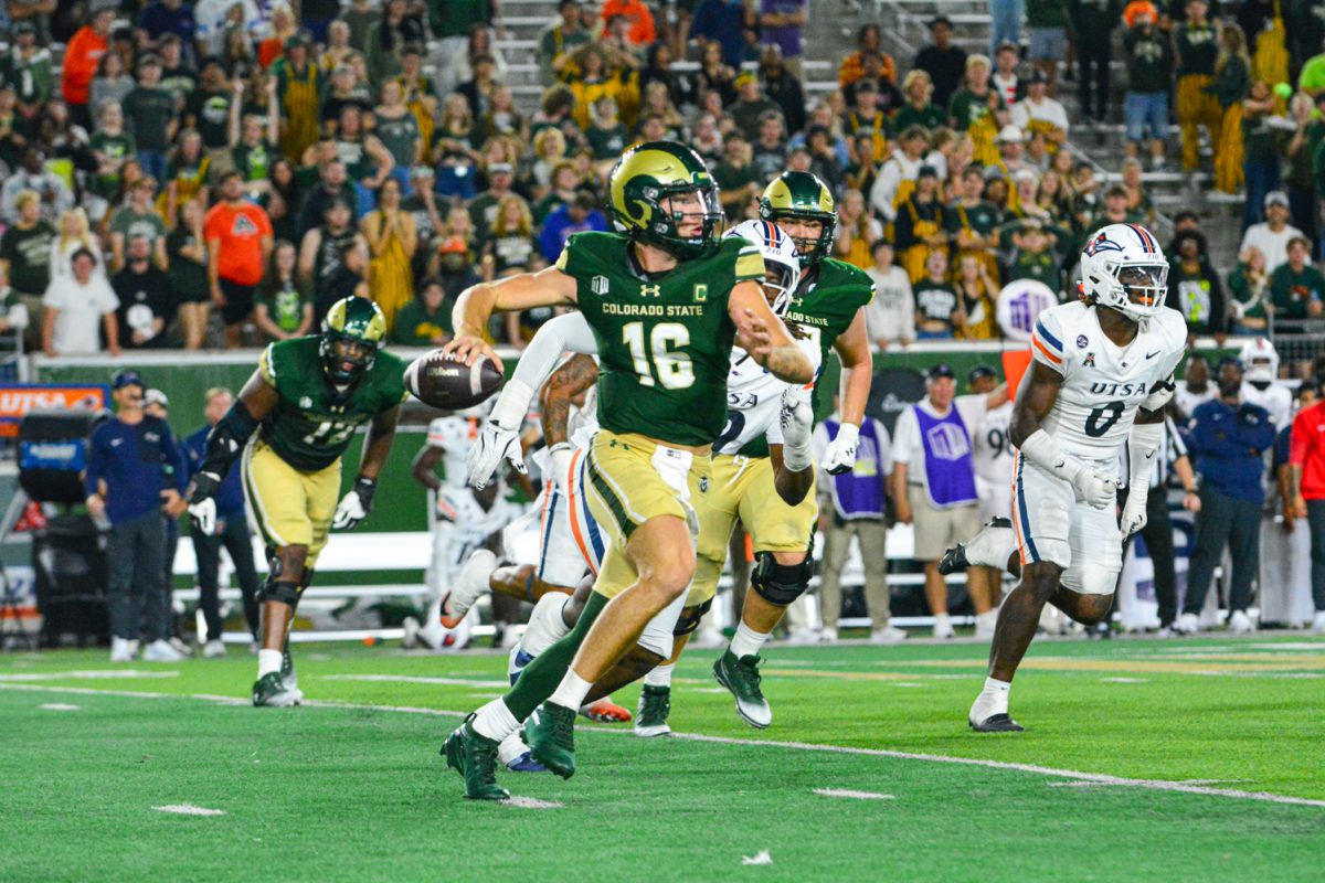 Brayden Fowler-Nicolosi (16) steps up to make a throw before getting benched for Jackson Brousseau (7) during Colorado State University's game against UTSA Saturday. CSU fell within the final moments on a failed two-point conversion 17-16..