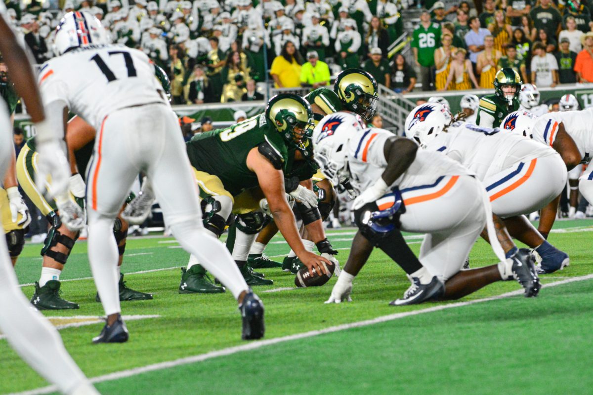 Football players lined up for a play.