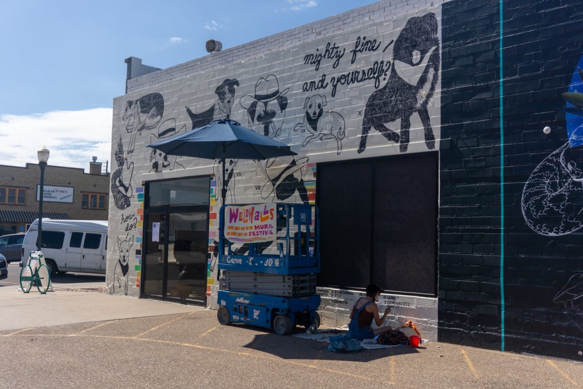 Lydia Cruz works on her mural during WeldWalls Mural Festival in Greeley Sept 20. Her mural depicts ten dogs that represent disabilities. All of these disabilities are ones that myself, my family, or friends have," Cruz said. "I haven't seen a lot of disability represented in public art around here."