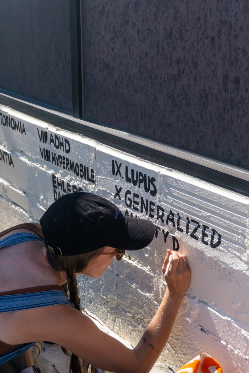 Lydia Cruz works on her mural during WeldWalls Mural Festival in Greeley Sept 20. Her mural depicts ten dogs that represent disabilities. All of these disabilities are ones that myself, my family, or friends have," Cruz said. "I haven't seen a lot of disability represented in public art around here."