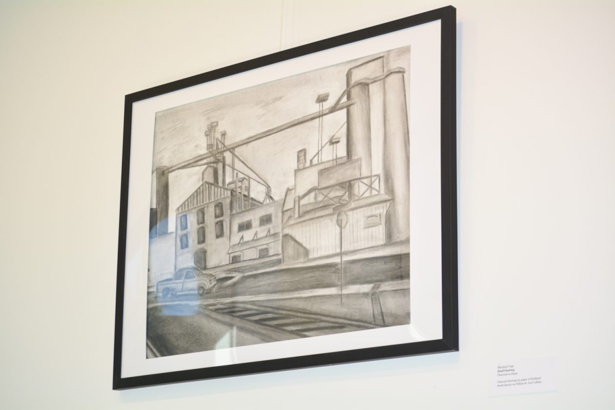 A piece by artist Maximus Vogt named Feed Factory Sept.25. This piece was based off of Hubbard Feeds factory on Willow st. Fort Collins.