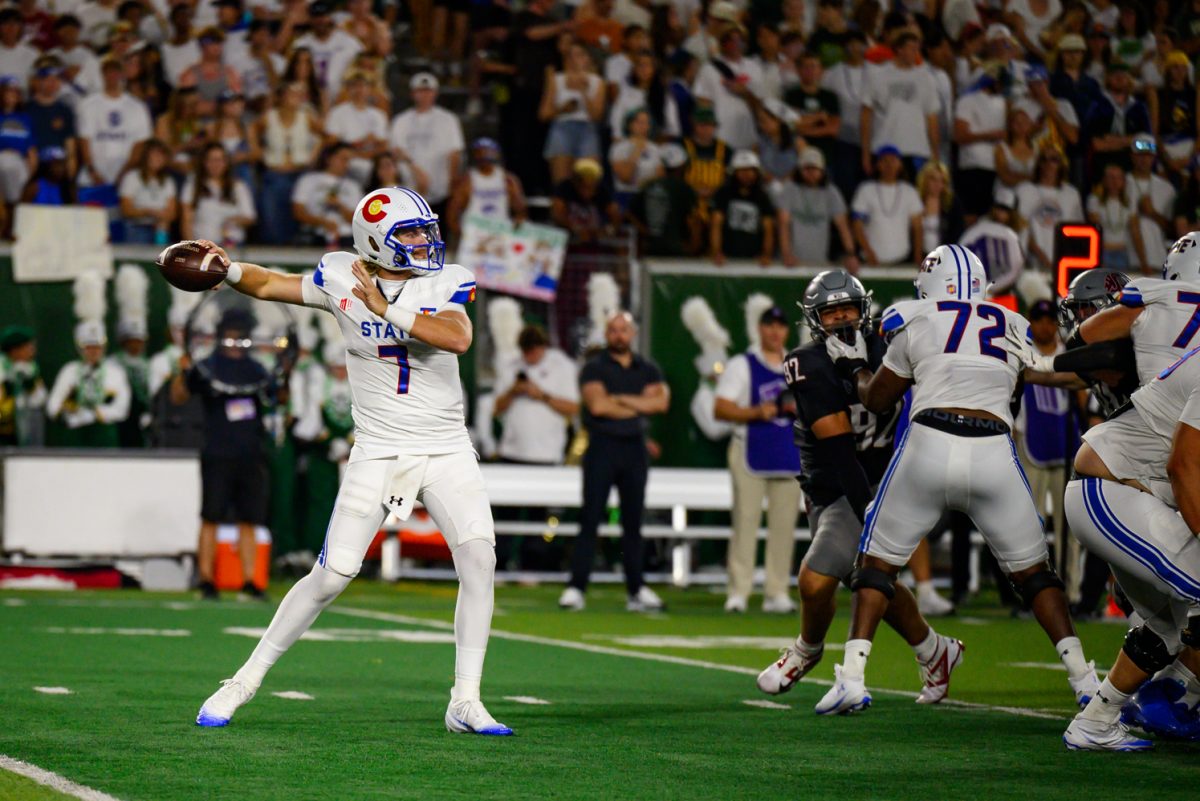 Colorado State University quarterback Jackson Brousseau (7) winds up to throw during CSU's game against Washington State University Sept. 27. Halftime score was 3-20 WSU.