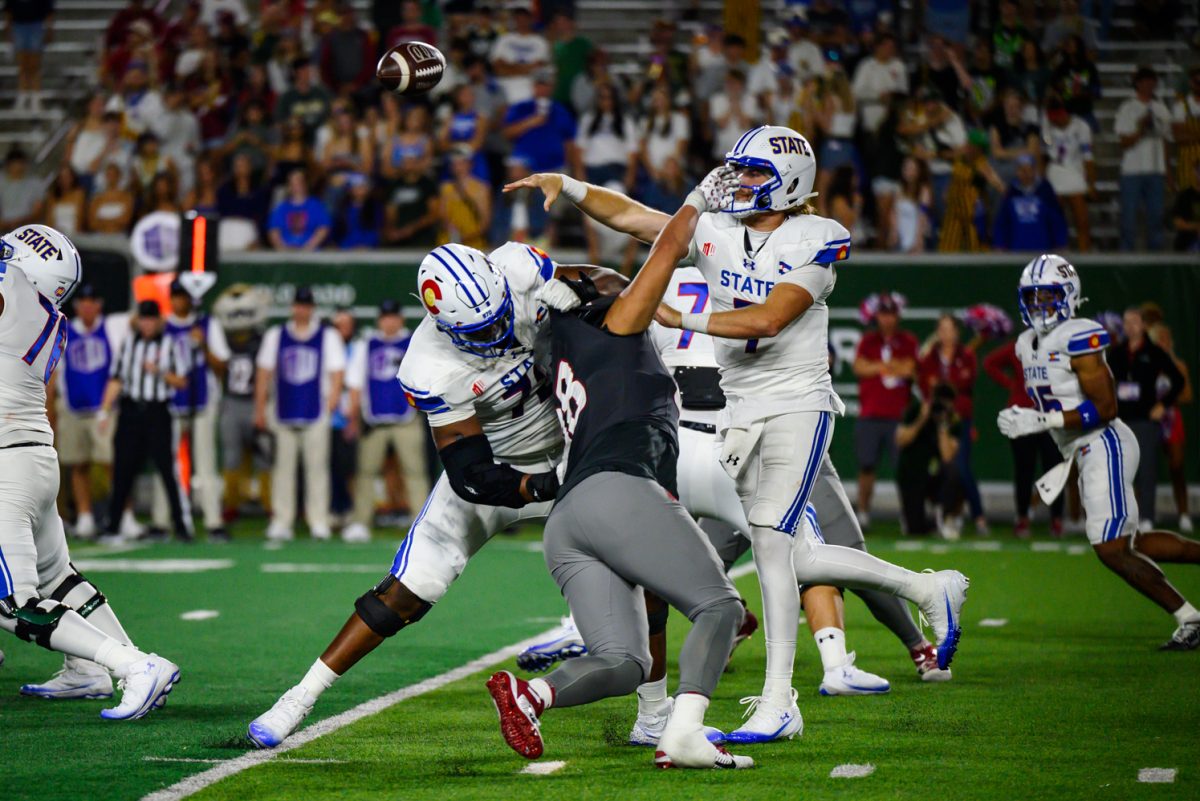 Colorado State University quarterback Jackson Brousseau (7) throws the ball to a teammate before a Washington State University defensive player can get to him Sept. 27. CSU lost 20-3. 