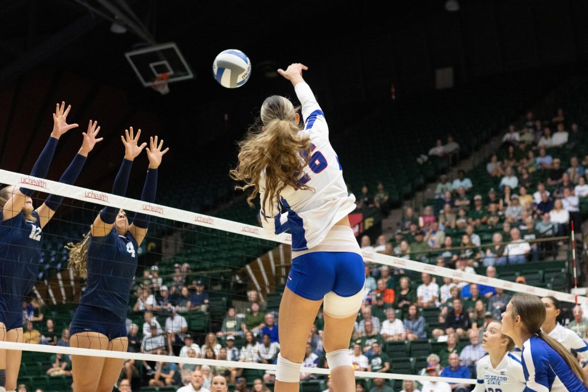 A women wearing a white jersey and blue shorts jumps with her hand extended.