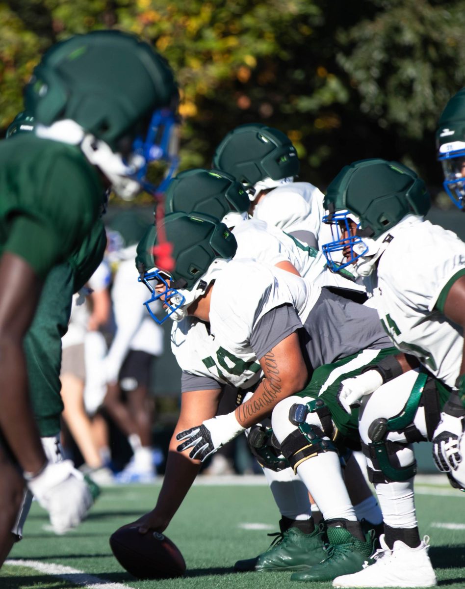 Colorado State University football players take their stance during morning practice on Tueasday Sept. 30th at Colorado State University in Fort Collins Colorado. Photo taken by Erica Pickering.